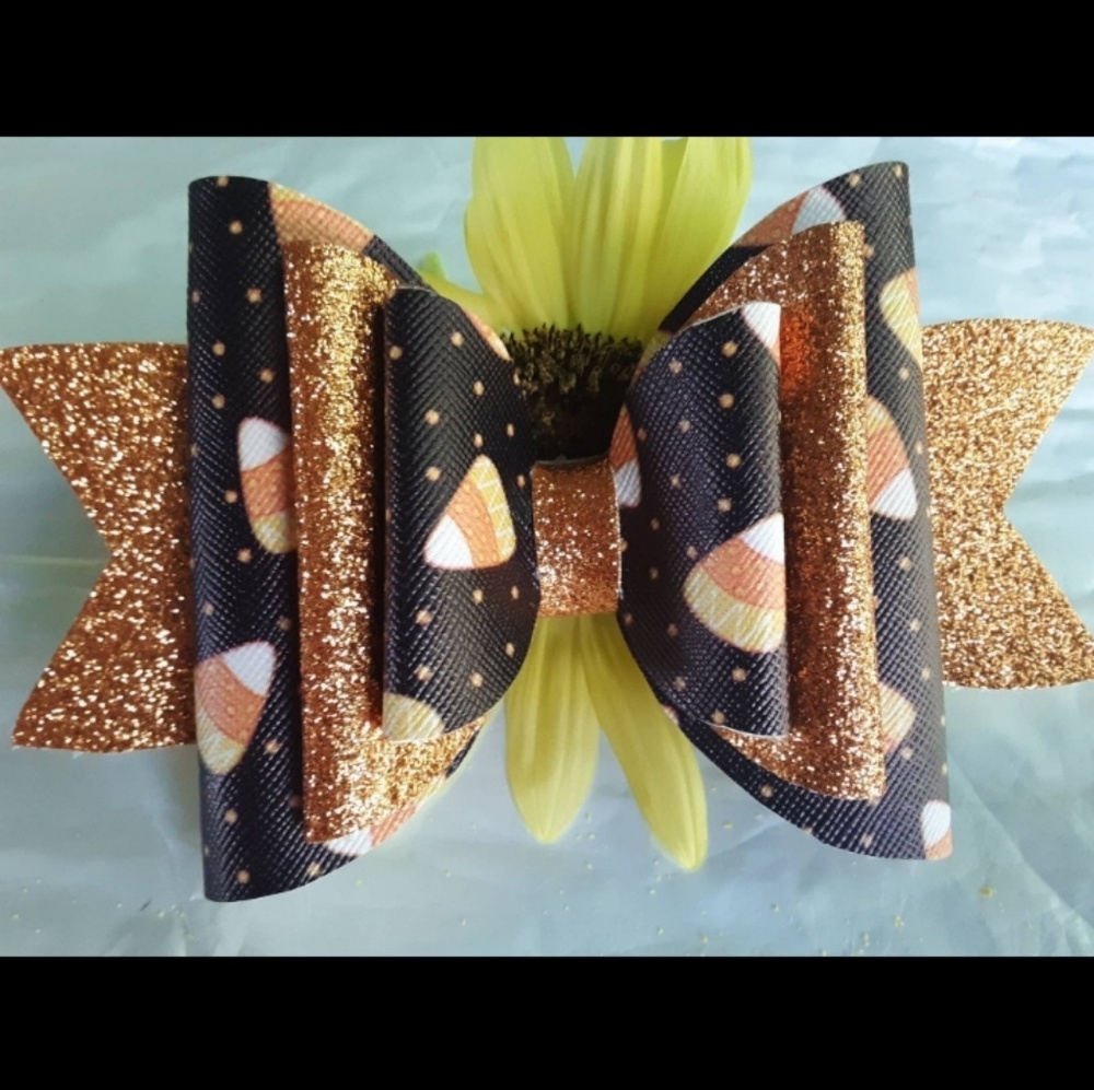 CANDY CORN glitter faux leather hair bow halloween